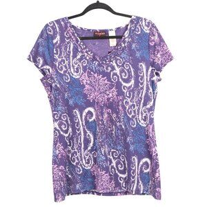 Villager Paisley Shirt Womens L NEW VNeck Purple Short Sleeve Mesh Layer Ruffle
